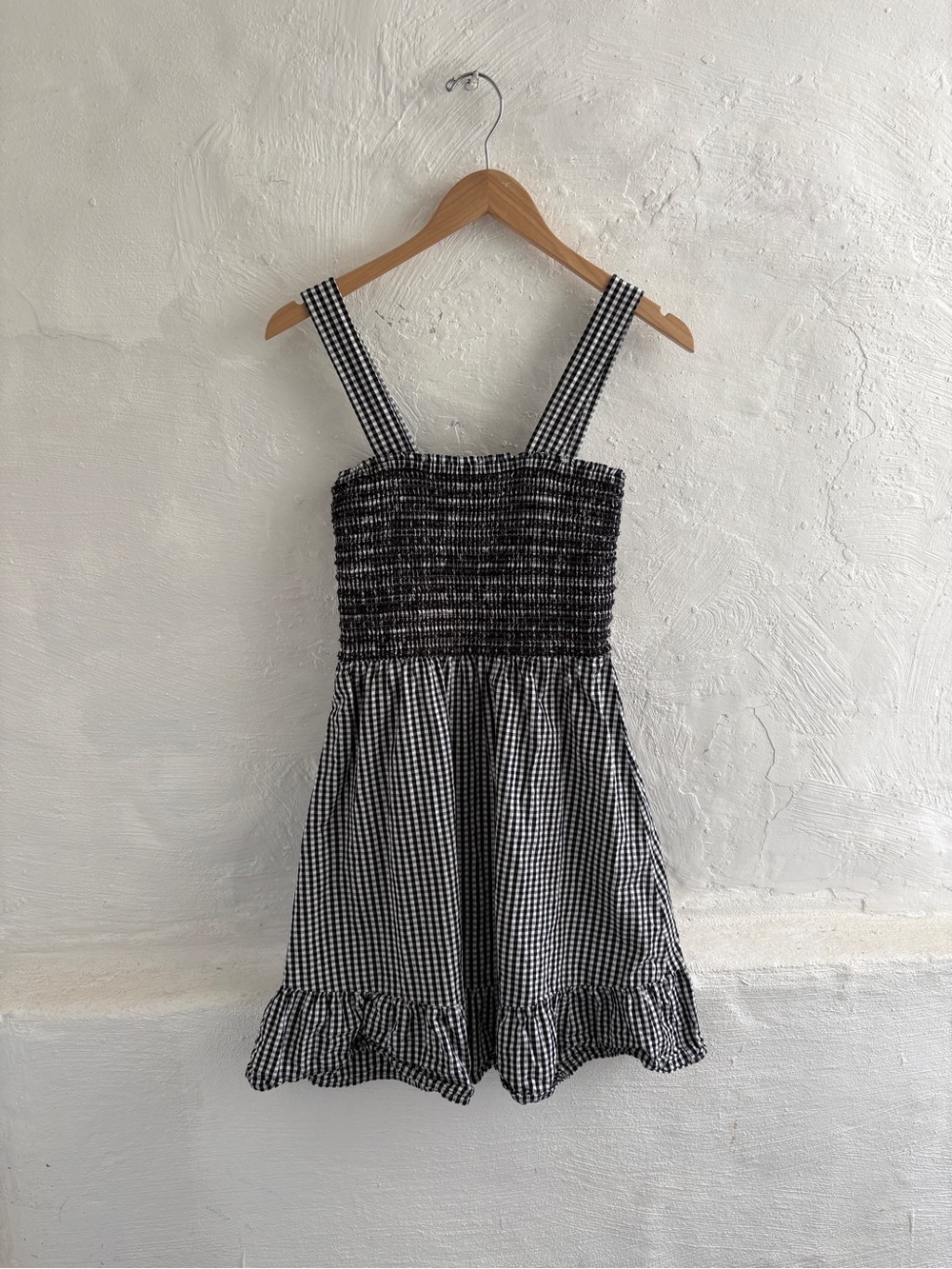 LOFT Gingham Smocked Strappy Flounce Dress